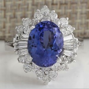 Blue Sapphire White Dia Silver Princess Diana Halo Ring Sz 6